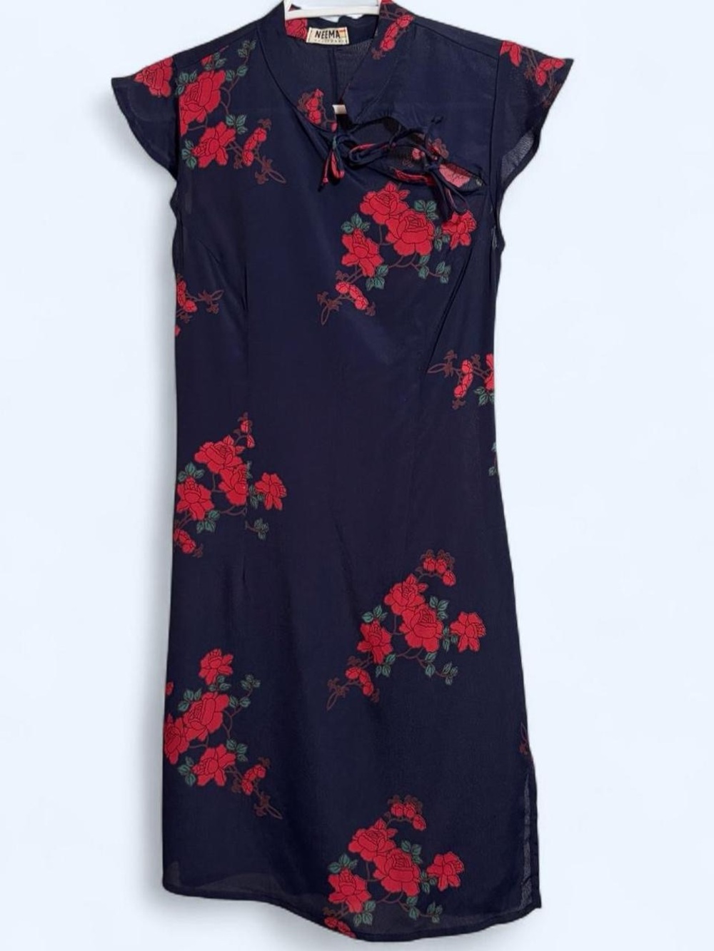 Neema Navy Midi Dress with Red Floral Tie Neck